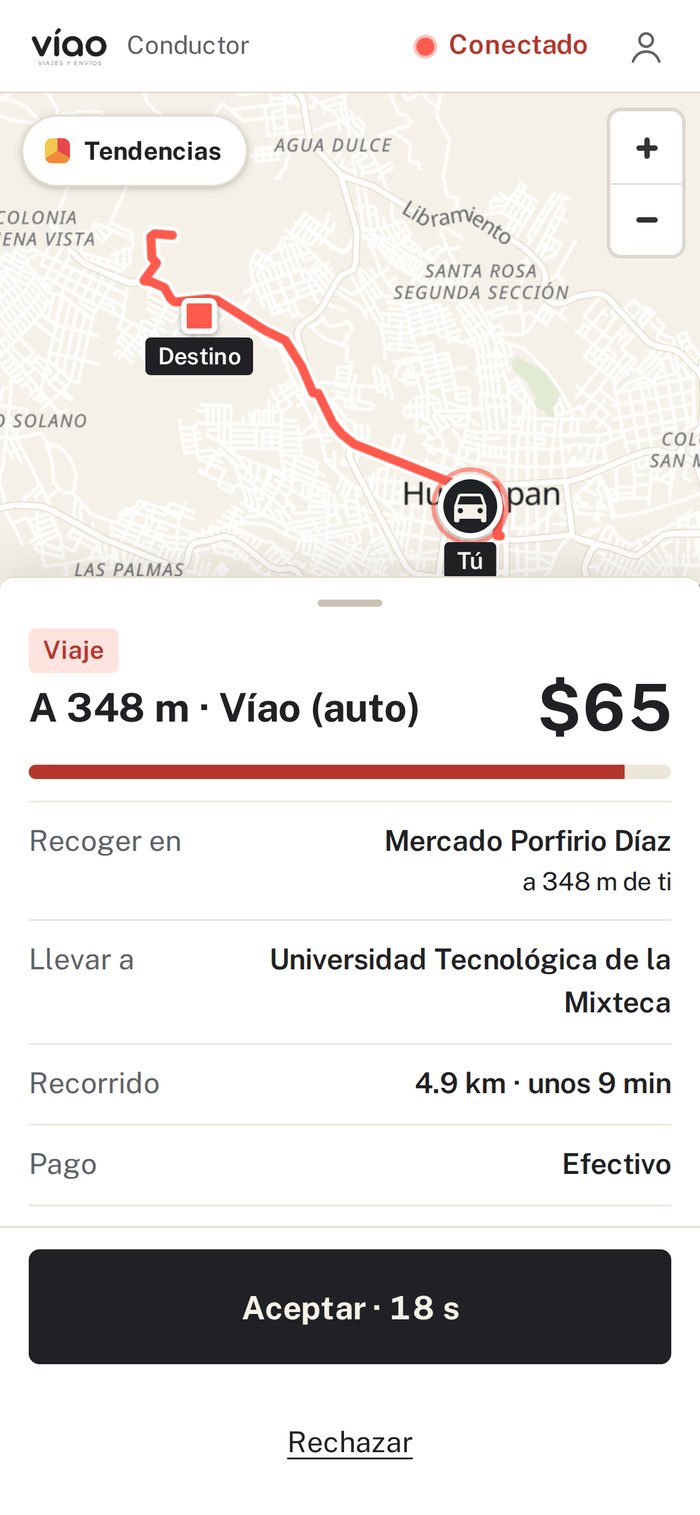 App de conductor con un viaje ofrecido